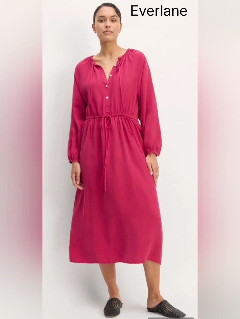 Everlane Rose-Pink Long-Sleeve Drawstring Midi Dress In Tencel Sz Large Like New